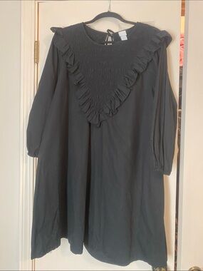 Black Ruffle Smocked Yoke 3/4 Sleeve Dress